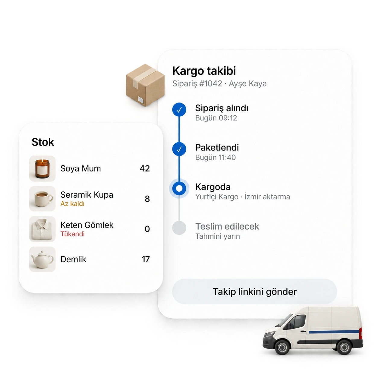 Kargo takip adımları ve ürün stok durumu kartları
